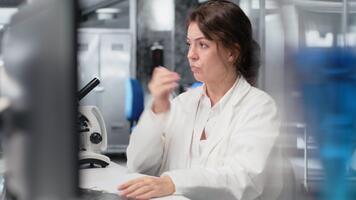 forskare uppgifter observationer från laboratorium experimentera för forskning dokumentation och godkännande av klinisk resultat. kvinna håller på med data skogsavverkning, tar anteckningar, bekräftande labb fynd, kamera b video