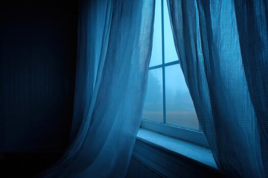 Misty morning view through a window with soft curtains photo