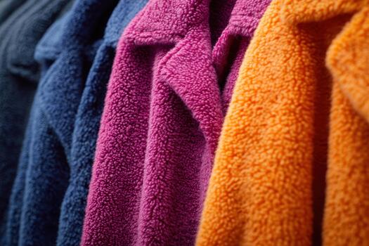 Colorful fleece jackets hanging in a row at a store photo