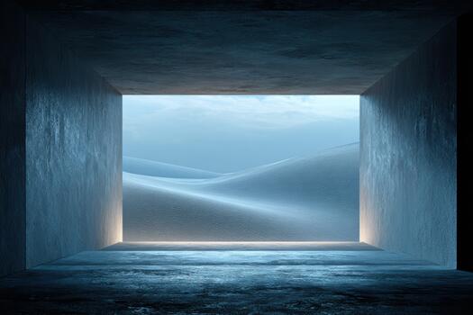 View of serene sand dunes from a minimalistic room photo