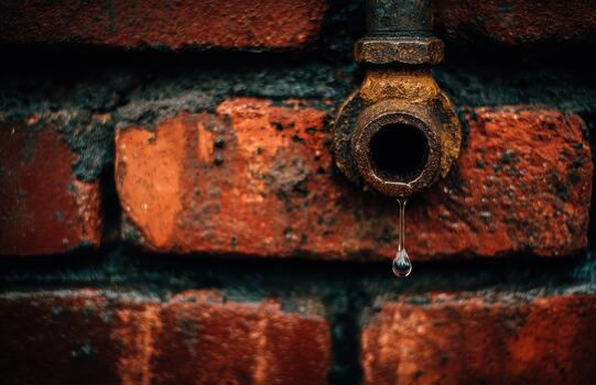 Water drips from rusty pipe on red brick wall photo