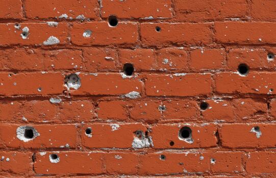 Old brick wall with bullet holes and weathered texture photo
