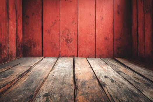 Rustic wooden background with red walls and floor photo