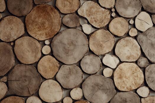 Wood slices arranged on wall create natural texture photo