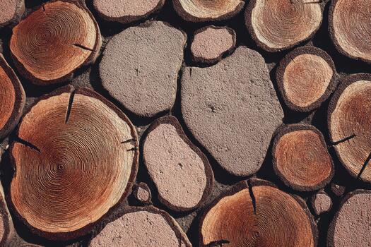 Wood slices arranged in a rustic pattern on the ground photo