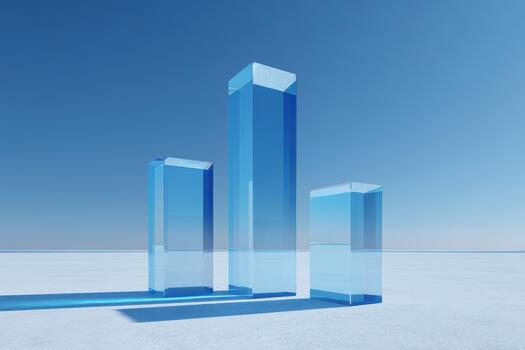 Blue geometric shapes represent growth in a clear sky photo