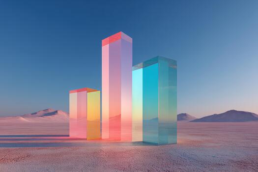 Colorful glass structures stand in a desert landscape photo