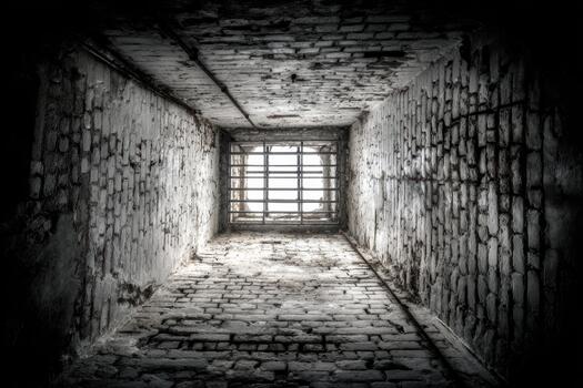 Light shining through a barred window in an old cellar photo