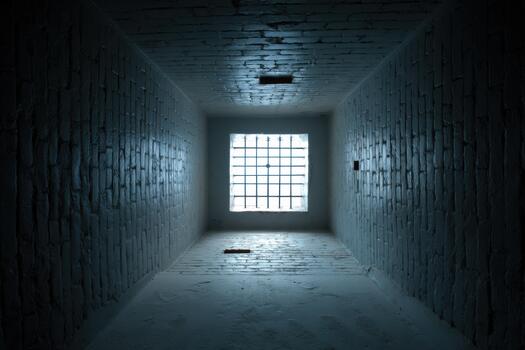 Dark corridor with barred window offering faint light photo