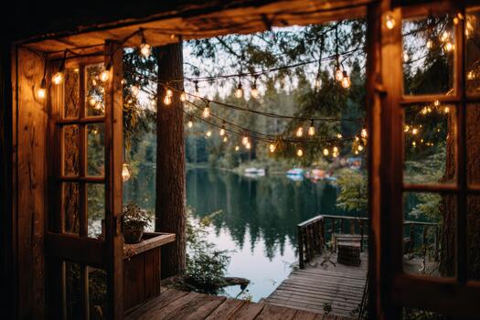 Cozy cabin view by the lake at sunset with string lights photo
