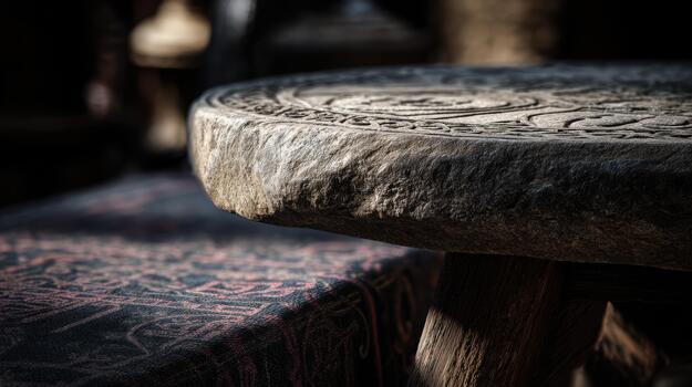 Carved wooden table with intricate design in a cozy setting photo