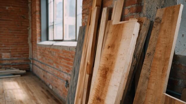 Wood planks stacked in a rustic workshop environment photo