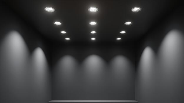 Modern empty room with bright ceiling lights photo