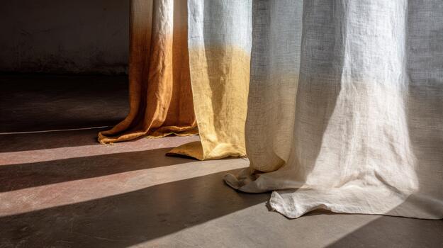 Soft sunlight filtering through colorful curtains in a room photo