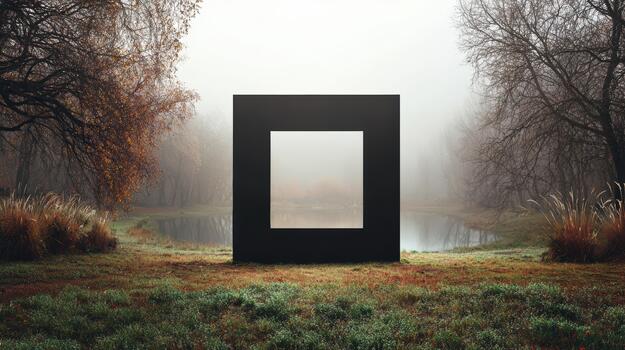 Mysterious black square in foggy forest landscape photo