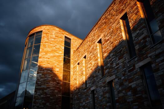 Building illuminated by sunset light with dark clouds photo
