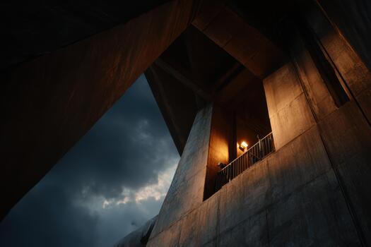 Light shining through a concrete structure at dusk photo
