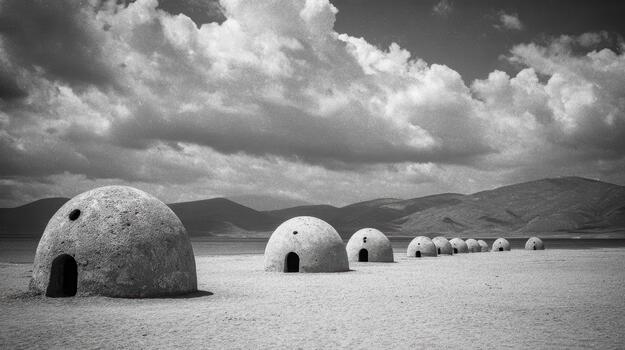 Dome structures line a sandy beach under a cloudy sky photo