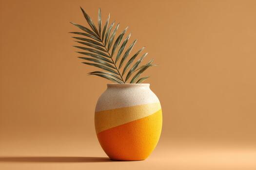 Colorful vase with palm leaves on a smooth background photo