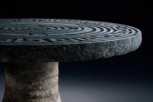 Stone table with intricate circular design in dark setting photo