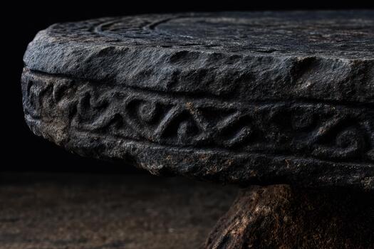 Close view of a weathered stone featuring detailed carvings photo
