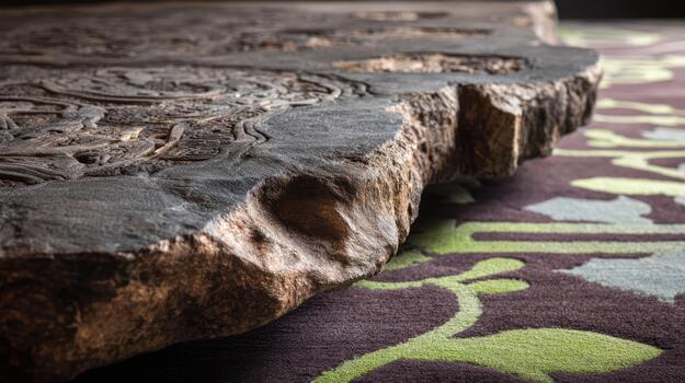 Intricate stone carving displayed on colorful patterned rug photo