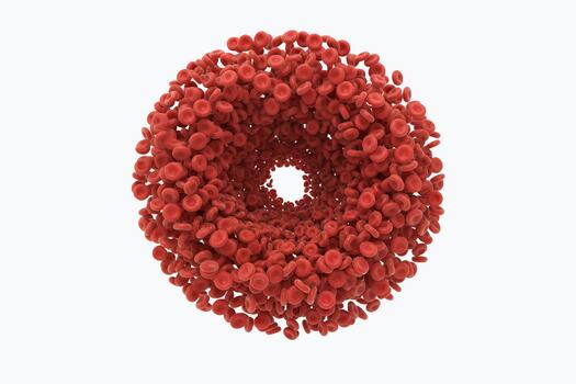 un rojo gota de sangre con muchos rojo puntos en él. el gota es rodeado por un blanco antecedentes foto