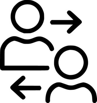 An outline icon representing coaching, mentorship, feedback exchange, knowledge transfer, and reciprocal communication between two users. vector