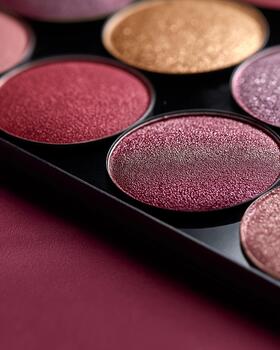 close-up of high-end eyeshadow palette on deep amaranth background photo