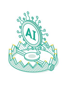 Artificial intelligence trap concept. Isometric illustration of AI caught in a mouse trap. vector