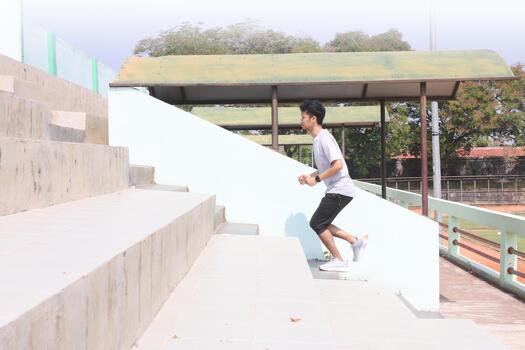A man is running up a set of stairs. Concept of determination and physical exertion photo