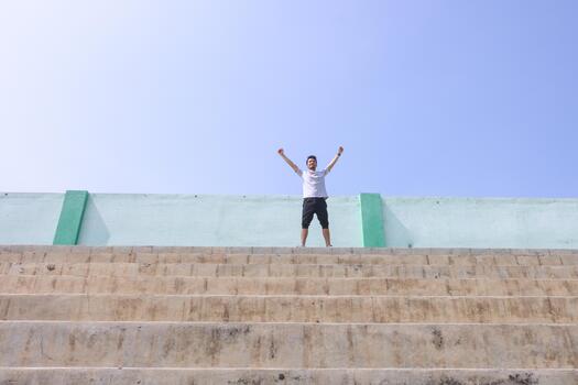A man is standing on a set of stairs raise hands, looking up at the sky. He is smiling and he is happy photo