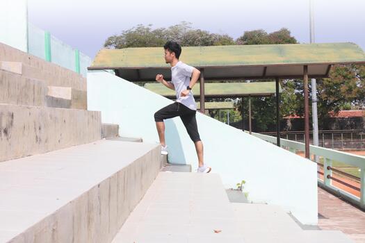 A man is running up a set of stairs. Concept of determination and physical exertion, photo
