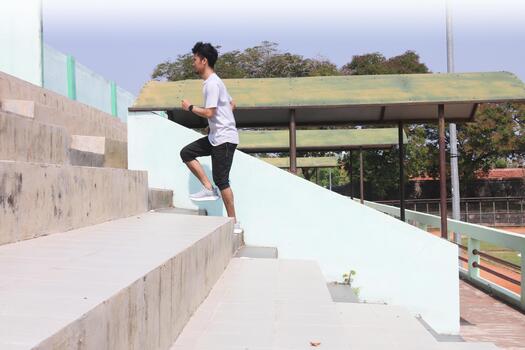 A man is running up a set of stairs. Concept of determination and physical, exertion photo