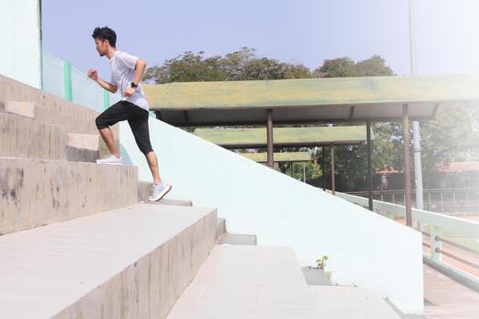 A man is running up a set of stairs. Concept of determination and physical, exertion. photo