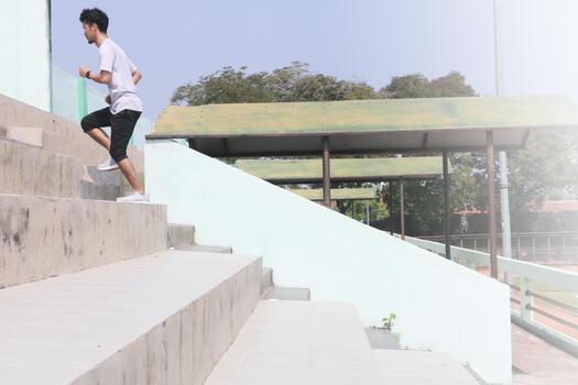 A man is running up a set of stairs. Concept of determination and, physical exertion. photo