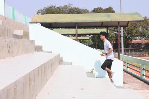 A man is running up a set of stairs. Concept of determination and, physical exertion photo