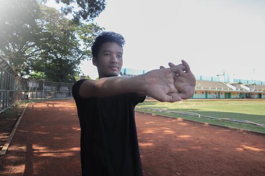 A man is stretching his arm in front of a fence. Concept of determination and focus as, the man, works on his flexibility, photo