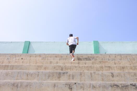 A man is running up a set of stairs. Concept of determination and perseverance as the man pushes himself to reach the top of the steps. The, man's focused expression, photo