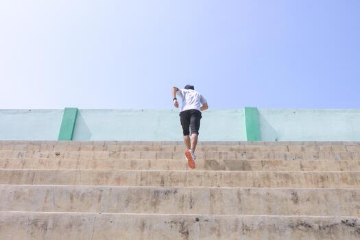 A man is running up a set of stairs. Concept of determination and perseverance as the man pushes himself to reach the top of the steps. The, man's focused expression photo