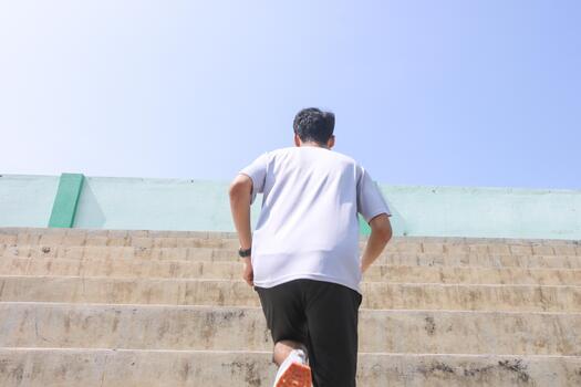 A man is running up a set of stairs. Concept of determination and perseverance as the man pushes himself to reach the top of the steps. The man's, focused expression, photo