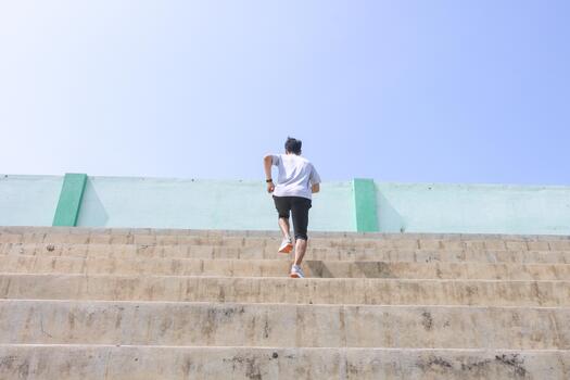A man is running up a set of stairs. Concept of determination and perseverance as the man pushes himself to reach the top of the steps. The man's, focused expression photo
