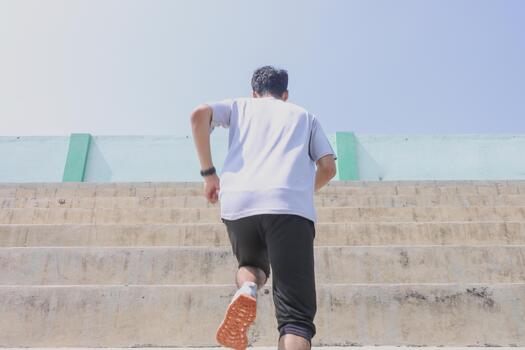 A man is running up a set of stairs. Concept of determination and perseverance as the man pushes himself to reach the top of the steps. The man's focused, expression, photo