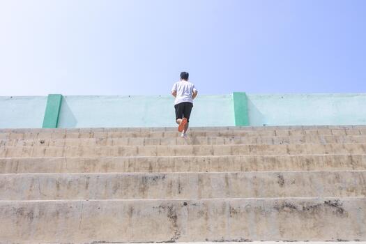A man is running up a set of stairs. Concept of determination and perseverance as the man pushes himself to reach the top of the steps. The man's focused expression. photo