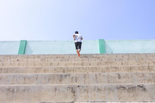A man is running up a set of stairs. Concept of determination and perseverance as the man pushes himself to reach the top of the steps. The man's focused expression, photo