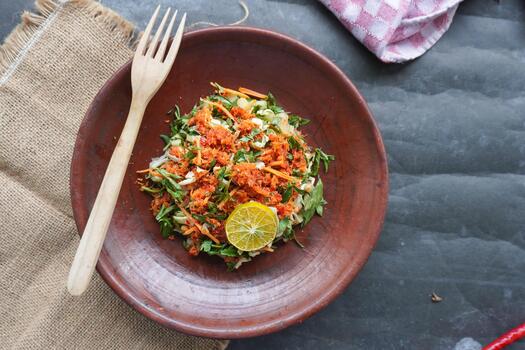 Trancam is a traditional salad from Java, Indonesia made from fresh vegetables such as cucumber, basil, long beans, and white cabbage, which are cut into pieces, photo
