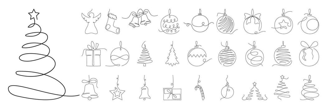 Minimalist one-line Christmas icons and decorations on a clean background. Elegant simple holiday symbols in continuous line art style. vector
