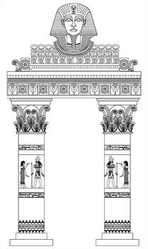 illustration of ancient Egyptian temple columns decorated with hieroglyphic figures, lotus ornaments, and symbolic architectural details. vector
