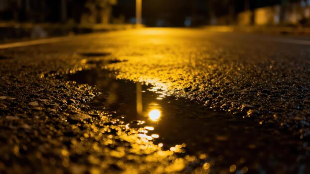 Ground level view captures puddle reflecting street illumination on dark pavement after rainfall photo