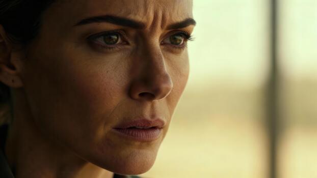 Intense close up portrait captures a woman experiencing deep concentration and worry photo